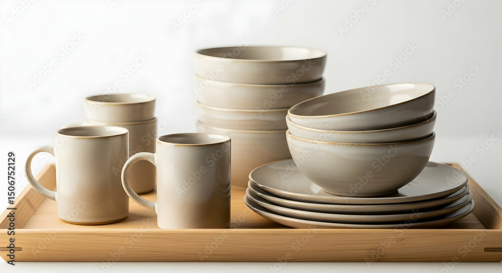 Artisan Pottery Collection Handcrafted Ceramic Bowls Mugs and Plates on Wooden Tray