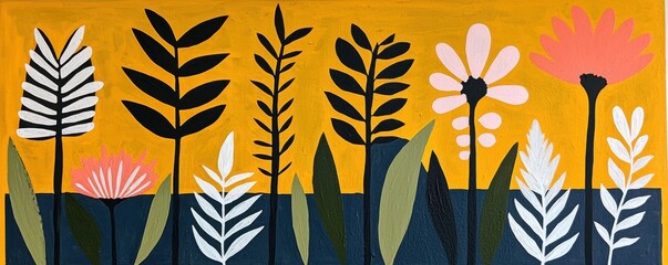 Poster - Colorful Floral Landscape with Abstract Plants on Bright Background