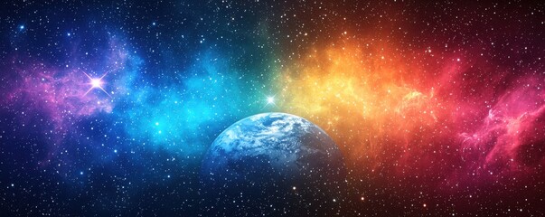 Poster - Colorful Cosmic Galaxy with Earth in the Center of Space Background
