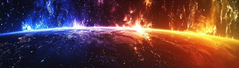 Poster - Vibrant Cosmic Landscape with Earth and Colorful Stellar Background