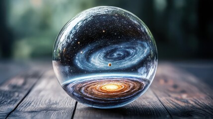 Poster - Cosmic Glass Sphere with Galaxy Inside on Wooden Table Surface