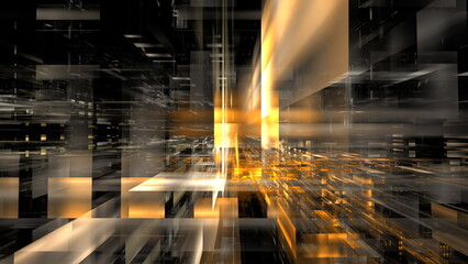 Fototapete - Dynamic display of abstract digital technology featuring geometric shapes and golden highlights. 3d render