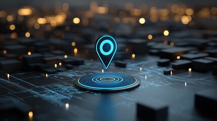 Poster - This image showcases a futuristic glowing navigation pin against a backdrop of a digital world map