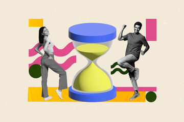 Aufkleber - Pop trend collage of people stand win near 3d sand clock on pastel background