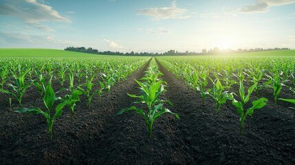 Poster - vibrant green corn plants in neat rows stretching across a fertile agricultural field bathed in the 