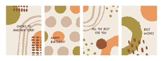 Poster - Abstract poster design with modern doodle shapes, freehand scribbles. Creative greeting post card templates set, backgrounds with blobs, dots, drops, splashes elements. Flat vector illustrations.
