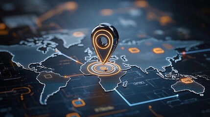 Poster - A sleek modern looking location pin icon glowing and prominently displayed atop a digital world map representing the power of location based technology and digital mapping in the modern age