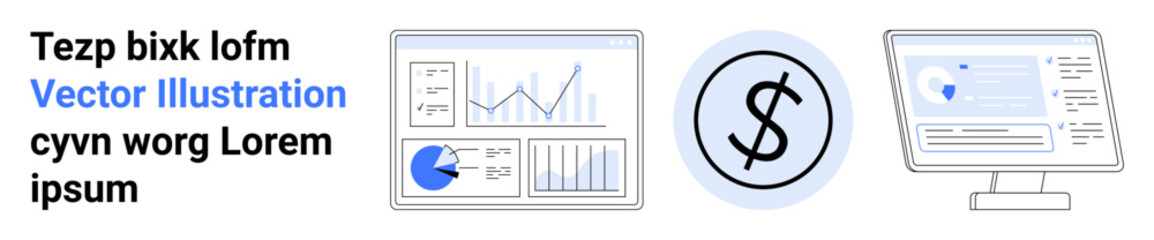 Poster - Graphs, charts, dollar icon, and computer screen with analytics represent data analysis, finance, and reporting. Ideal for business, strategy, fintech technology education research simple landing