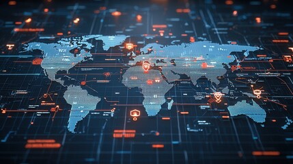 Poster - A detailed global network map displaying bright pinpoint locations representing data intelligence and connections across the world in a sophisticated blue digital visualization