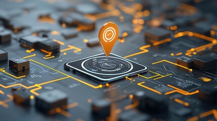Poster - A digital map interface displaying a glowing location pin representing advanced technology data visualization and spatial analytics for various applications like business intelligence