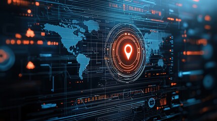 Poster - A digital map interface featuring a glowing pin that represents a specific location or point of interest highlighting the power of technology for navigation tracking and data visualization