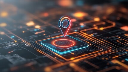 Poster - A futuristic digital navigation concept showcasing a sleek and advanced map interface with various technological elements including a GPS location marker grids and circuits representing the of data