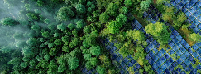 Aufkleber - Solar panels providing sustainable energy near forest, aerial view
