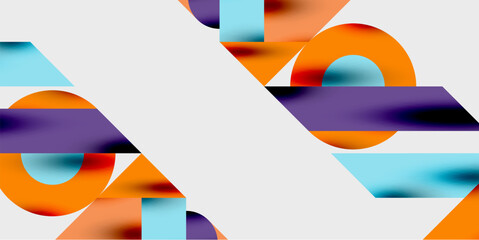Fototapete - Abstract geometric shapes overlap, creating vibrant color blocks. Design features orange, purple, light blue gradients. Minimalist composition.