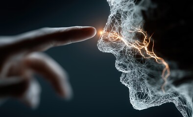 Aufkleber - Finger touching digital face made of connections and network, artificial intelligence concept