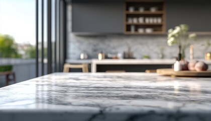 Poster - Empty marble kitchen island countertop with blurred background
