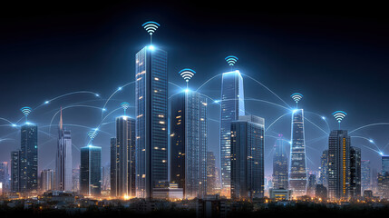 Poster - Smart city with wireless internet connection and network communication technology at night