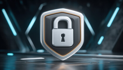 Poster - Metallic lock icon on shield symbolizing security and protection in futuristic digital environment with glowing blue lights
