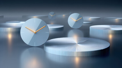 Poster - Modern abstract clocks with golden hands float above textured circular platforms in sleek, reflective environment, evoking futuristic and calm mood