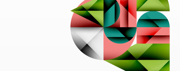 Poster - Abstract geometric composition. Shapes overlap, creating dynamic visual interest. Colors include green, red, teal, gray. Minimalist design.