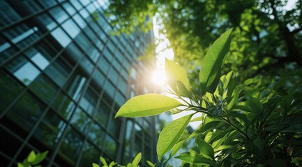 Poster - Sunlight filtering through green leaves in front of modern building