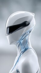 Poster - hyper-realistic portrait of a futuristic astronaut with a transparent helmet displaying an interactive holographic HUD, sleek metallic spacesuit with fiber-optic veins pulsating with energy, deep