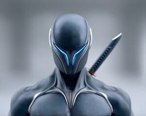 Poster - futuristic street samurai with a sleek carbon-fiber armored suit, illuminated cybernetic implants, energy katana pulsing with blue plasma, neon-lit back alley of a cyberpunk metropolis, cinematic
