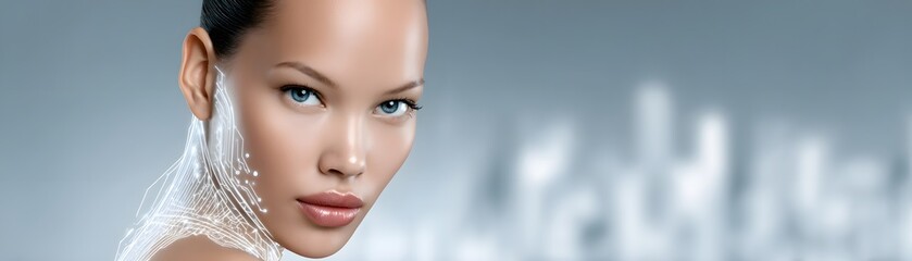 Poster - AI-generated humanoid with a sleek, chrome-like facial structure, deep synthetic sapphire eyes, glowing neural interface lines tracing across the skin, futuristic urban backdrop with floating