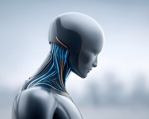 Poster - post-human visionary with sleek biomechanical enhancements, augmented vision with a projected HUD overlay, neon circuitry glowing across a smooth, metallic skin surface, cyber-futuristic metropolis