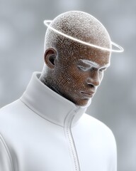 Poster - mystical AI oracle with glowing fractal tattoos, cybernetic halo levitating above the head, sleek, minimalistic futuristic robe with embedded nanotech circuits, celestial background with futuristic
