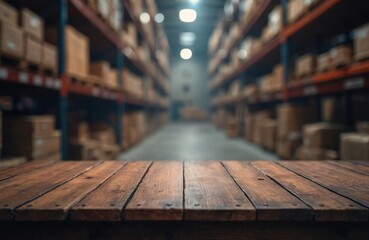 Aufkleber - Empty wooden table front of blurred warehouse interior. Dark, grunge, old desk texture with brown hardwood surface. Warehouse shelves packed with cardboard boxes on background. Product placement