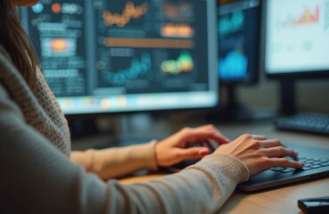 Poster - Woman works on programming dashboard, typing code on laptop keyboard. Programmer, software tester or analyst working with finance data charts on computer monitor. Online work.