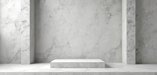 Poster - Empty grey studio room with concrete wall, floor. Stone texture backdrop with white product podium. Modern interior mockup scene, minimal space. Place for brand presentation. Showcase product design.