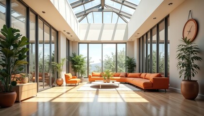 Aufkleber - Inspiring contemporary office interior design with skylight architecture. Open workspace with lot natural light, modern style. Bright space with furniture, indoor plants, large windows. Perfect for