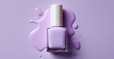 Poster - A luxurious gel nail polish bottle sits on a smooth surface, surrounded by vibrant lavender polish. This high-end product is perfect for creating elegant manicures that impress.
