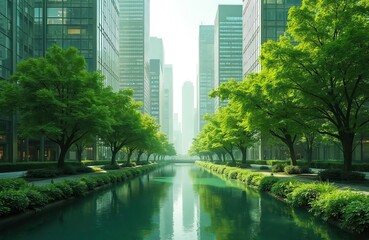 Poster - Green city, nature meets urban. Modern architecture buildings, rich trees line waterway. Eco-friendly business district, sustainable design, green environment concept.