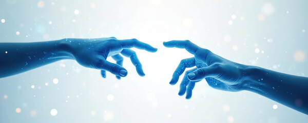 Poster - Two blue glowing hands reaching each other against white background. Human touch connection, teamwork, partnership. Futuristic digital abstract art design. Symbolizing hope, faith, future interaction.