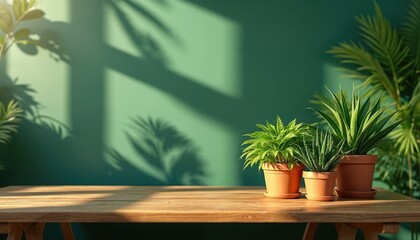 Aufkleber - Wooden table, green wall background, sunny day. Leaf shadow, blurred green plants in foreground. Empty copy space for product display. Eco-friendly design, natural light, shadows. Eco-friendly
