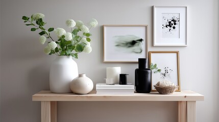Poster - Modern home decor arrangement featuring vases and artwork on a wooden table in a minimalist setting