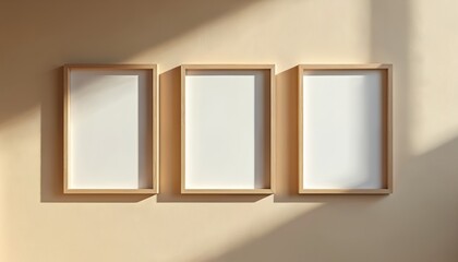 Poster - Three empty wooden frames hang on beige wall. Modern stylish frames cast shadows. Blank art or photo mockup template for display. Interior decor for showcasing posters or prints.