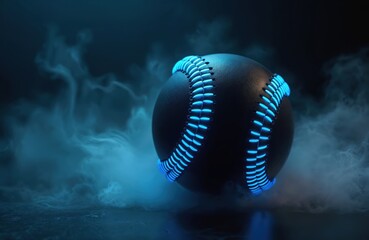 Aufkleber - Black baseball ball with glowing neon lines in a blue smoke background. Illustrative image for sports or gaming. Digital art concept, competitive game sphere, league, championship, night scene.