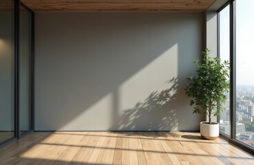 Aufkleber - Modern office interior design. Glass partition wall wooden floor plant city view outside window. Minimalist bright room office space executive style. Corporate business workspace interior