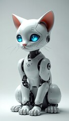 Poster - White robotic cat illustration with blue eyes, futuristic pet. 3D rendering of AI-powered cat robot, cybernetic feline, android concept. Modern tech design for sci-fi projects, innovation.