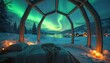 © Pete - Stunning Northern Lights from glass igloo. Aurora borealis, green lights over snowy landscape, peaceful scene with lake, cabins. Magical winter vacation, travel in Scandinavia. Cozy interior, candles