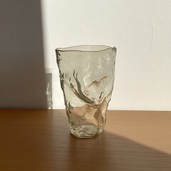 Poster - Artistic Glassware: Modern Textured Glass Vase on Wooden Surface with Sunlit Backdrop