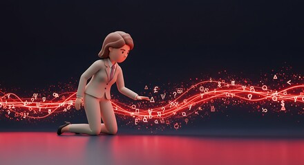 Aufkleber - Businesswoman Kneeling, Reaching Towards Glowing Red Data Stream