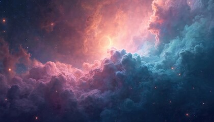 Poster - Abstract illustration of space nebula with soft pastel colors, stars, universe. Cosmic dreamy scene, celestial galactic background for design, science. Night sky, starry, dreamy, fantasy, galaxy.