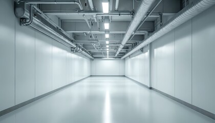 Poster - Illustration of white industrial corridor. Metallic pipes on ceiling, walls. Ventilation system in building interior. Empty hallway, futuristic design. Clean factory, laboratory, modern interior.