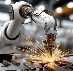 Poster - Advanced White Robotic Arm Engaged in Welding Process with Sparks Flying in Industrial Environment