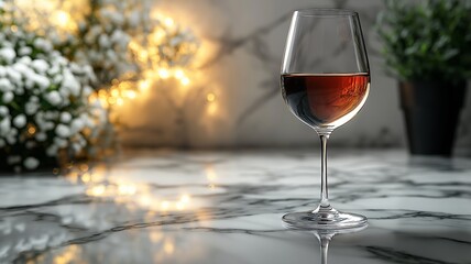 Aufkleber - A wine glass of red sits on a marble table, surrounded by soft lighting and flowers.